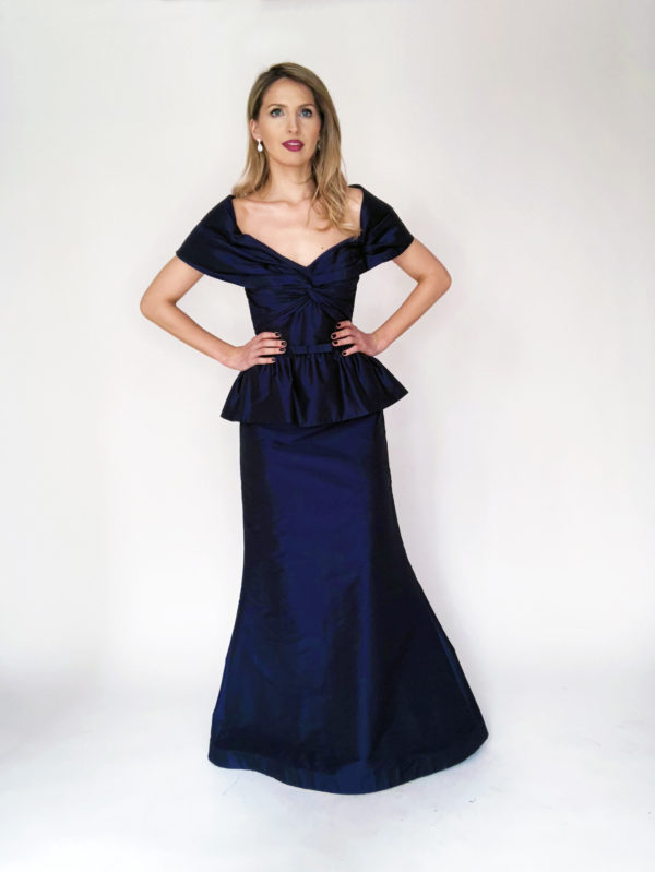 Mira Couture Chicago Boutique Custom Design Navy Taffeta Peplum Gown Front Full