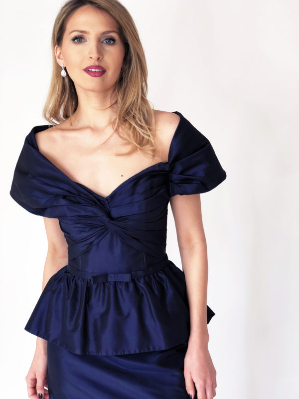 Mira Couture Chicago Boutique Custom Design Navy Taffeta Peplum Gown Front Detail