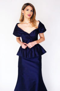 Mira Couture Chicago Boutique Custom Design Navy Taffeta Peplum Gown Front