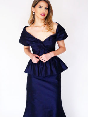 Mira Couture Chicago Boutique Custom Design Navy Taffeta Peplum Gown Front