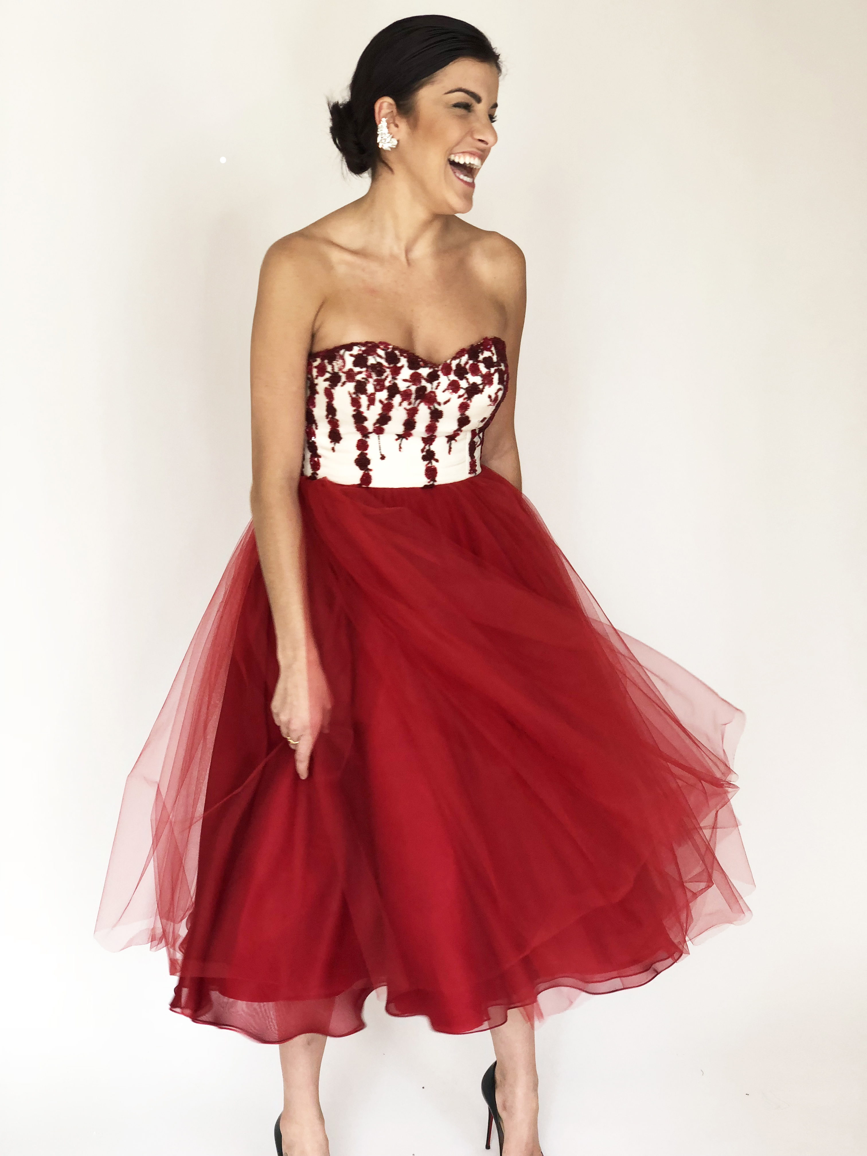 red dress with tulle skirt