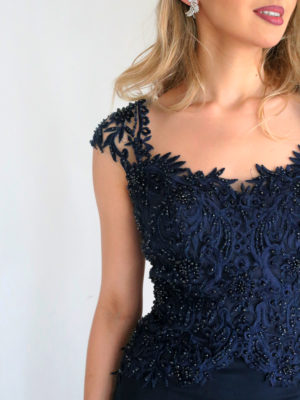 Mira Couture Stephen Yearick 14136x Evening Wear Navy Beaded Top Crepe Skirt Detail