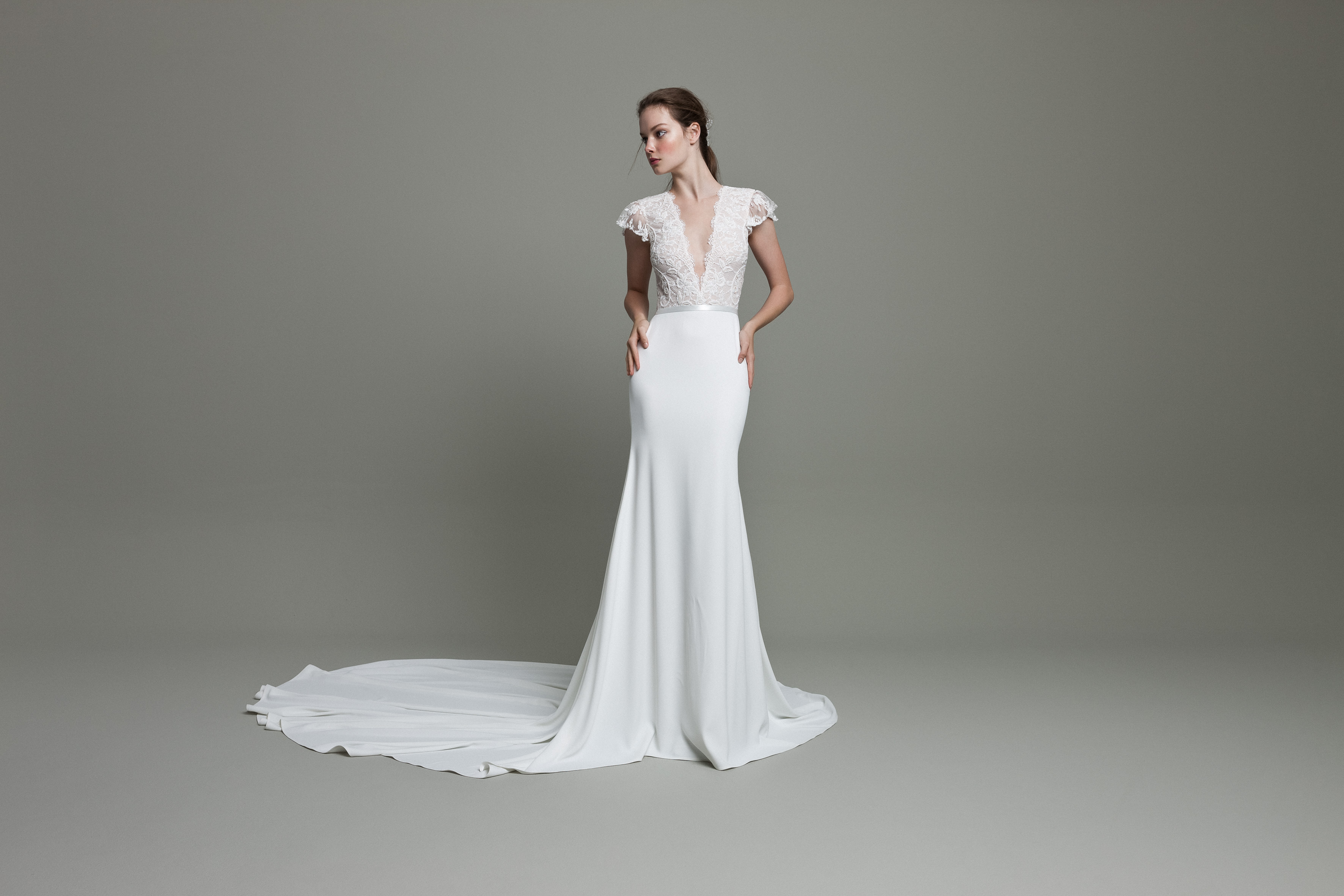 crepe long sleeve wedding dress with beaded illusion back