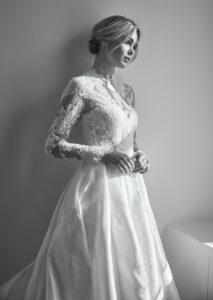 Allison Webb Ivy Wedding Dress in black and white photograph from a Bridal Shop in Chicago, IL