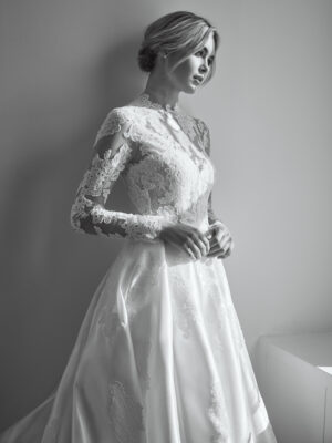 Allison Webb Ivy Wedding Dress in black and white photograph from a Bridal Shop in Chicago, IL