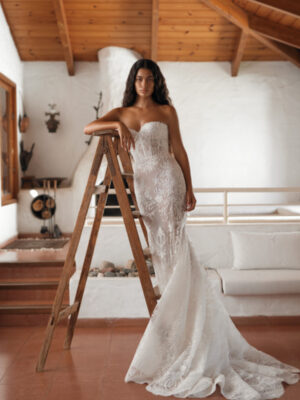 Dana Harel Venice Wedding Dress from a Bridal Shop in Chicago, IL. The model is posing with her arm on a ladder and three steps in the background.