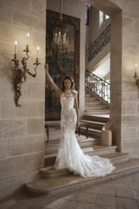 Mira Couture Eisen Stein Michel Wedding Dress Model in Stairwell in Chicago, IL