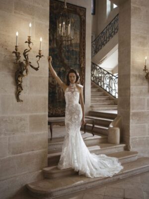 Mira Couture Eisen Stein Michel Wedding Dress Model in Stairwell in Chicago, IL