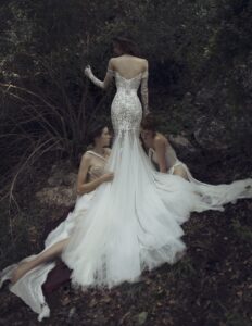 Kim Kassas Daphne Wedding Dress with applique, corset, lace and mermaid train available at a bridal shop in Chicago, IL