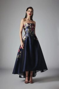 High-low floral strapless evening gown