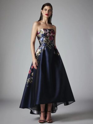 High-low floral strapless evening gown