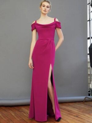 Off shoulder evening gown with leg slit.