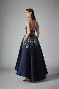 High-low floral strapless evening gown