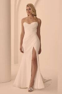 sweetheart neckline wedding gown with ruching and leg slit