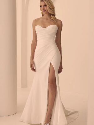 sweetheart neckline wedding gown with ruching and leg slit