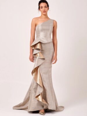 One-shoulder evening gown with cascading ruffle.