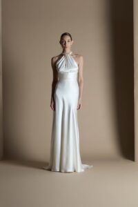 Halter front wedding gown with ties