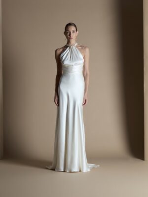 Halter front wedding gown with ties