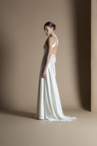 Halter front wedding gown with ties