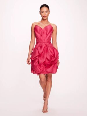 Strapless silk organza cocktail dress with floral petals.