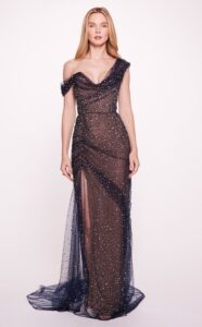 Evening gown with crystal beading and off-shoulder straps.