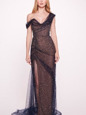 Evening gown with crystal beading and off-shoulder straps.