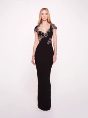 Evening wear dress with a scoop neckline and open back.