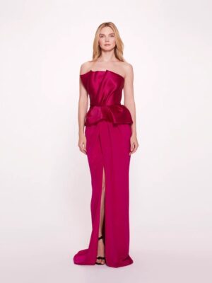 Evening wear gown with a peplum bodice complimenting the full length fitted skirt. 