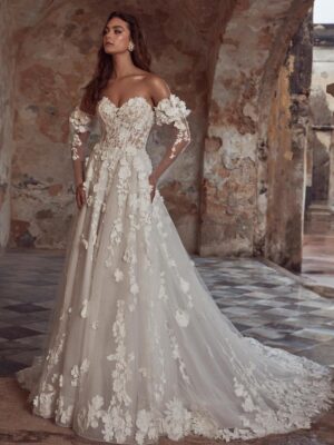 A-line 3D floral wedding gown with sleeves.