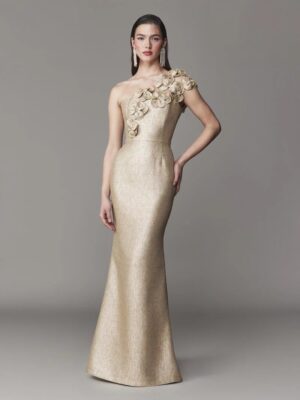 One shoulder evening gown with 3D floral appliques. Fit and flare skirt silhouette. 