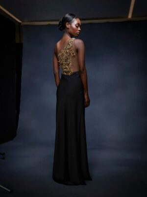 One shoulder hand draped crepe gown with snake & 3D floral embroidery encrusted in crystal, stone, bugle & pearl