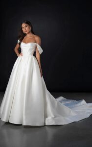 Clean Basque waist ball gown with draped bodice and pleated detailing