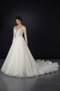 Off-the-shoulder long sleeve tulle ballgown with embroidered chantilly lace basque waist ballgown