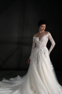 Off-the-shoulder long sleeve tulle ballgown with embroidered chantilly lace basque waist ballgown