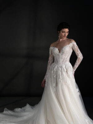 Off-the-shoulder long sleeve tulle ballgown with embroidered chantilly lace basque waist ballgown