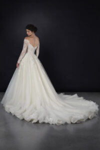 Off-the-shoulder long sleeve tulle ballgown with embroidered chantilly lace basque waist ballgown