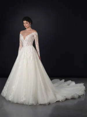 Off-the-shoulder long sleeve tulle ballgown with embroidered chantilly lace basque waist ballgown