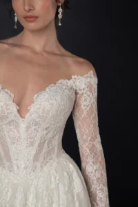 Off-the-shoulder long sleeve tulle ballgown with embroidered chantilly lace basque waist ballgown