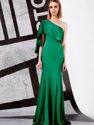 This elegant green long dress features a chic one-shoulder design with a delicate ruffle detail, adding a touch of sophistication to its sleek mermaid silhouette. The dress is fully lined for comfort and ease, with an invisible back zipper and hook closure for a seamless fit, crafted from luxurious 100% viscose for a smooth, flowing finish