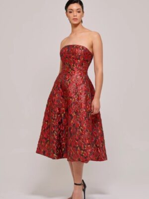 Crafted in a flattering fit-and-flare silhouette, this A-line midi-length dress features a chic strapless neckline for a timeless, feminine look. Made from floral-textured metallic jacquard fabric in vibrant multicolor, it exudes elegance and a touch of luxury, perfect for making a statement at any special occasion.