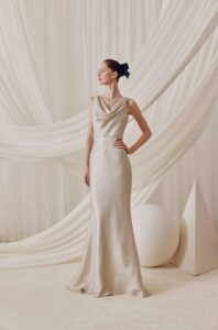 A beautifully draped cowl evening gown.