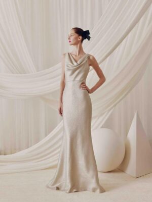 A beautifully draped cowl evening gown.