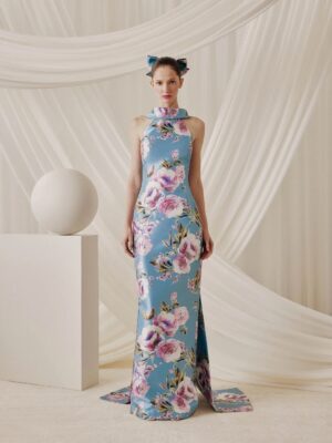 Floral halter evening gown with detachable train.