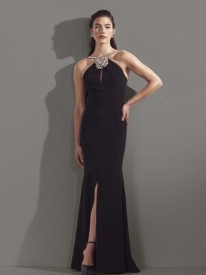 Elegant black halter dress featuring crystal rosette detailing.