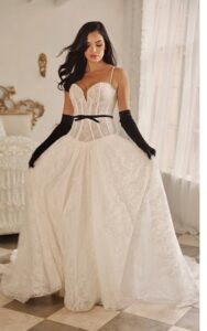 Lace drop waist wedding dress with sweetheart neckline.