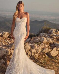 Model wearing the Donica by Calla Blanche, a strapless lace wedding dress in Chicago.