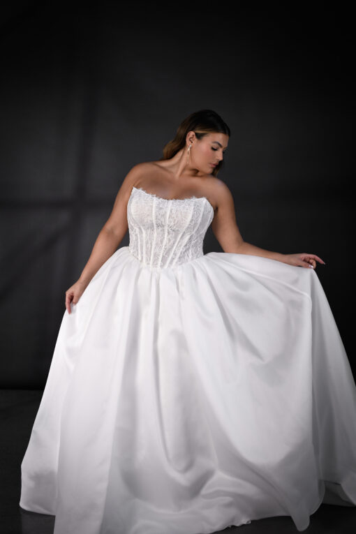 Chantilly lace basque waist corset bodice with a strapless design