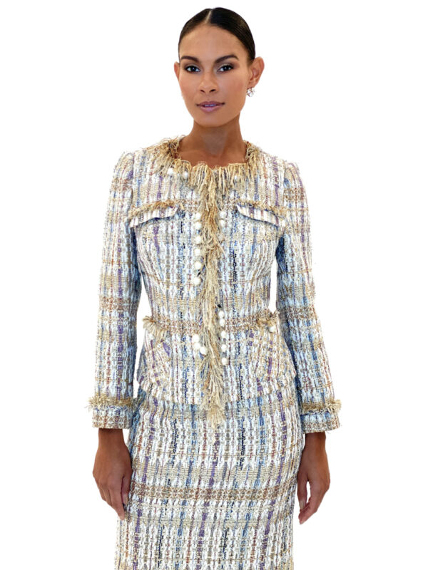 Tweed Jacket & Skirt With Pearl Embellishments