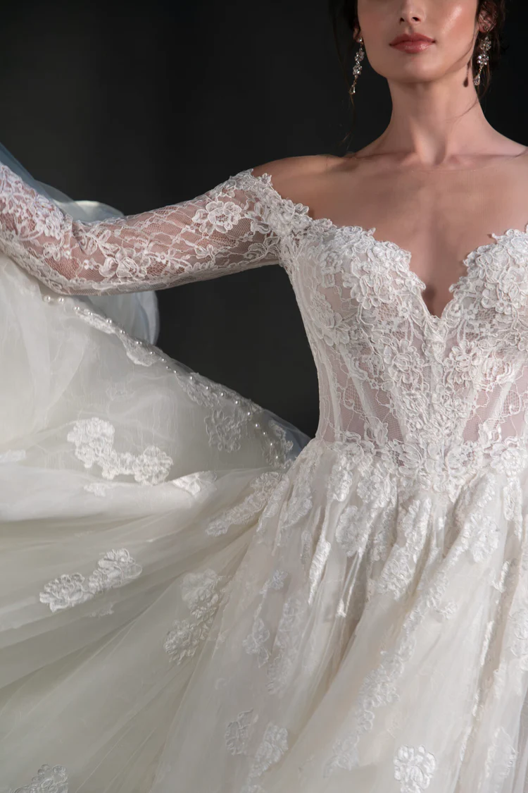 Off-the-shoulder long sleeve tulle ballgown with embroidered chantilly lace basque waist ballgown