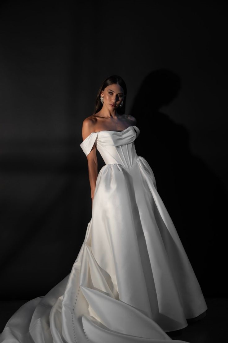 Clean Basque waist ball gown with draped bodice